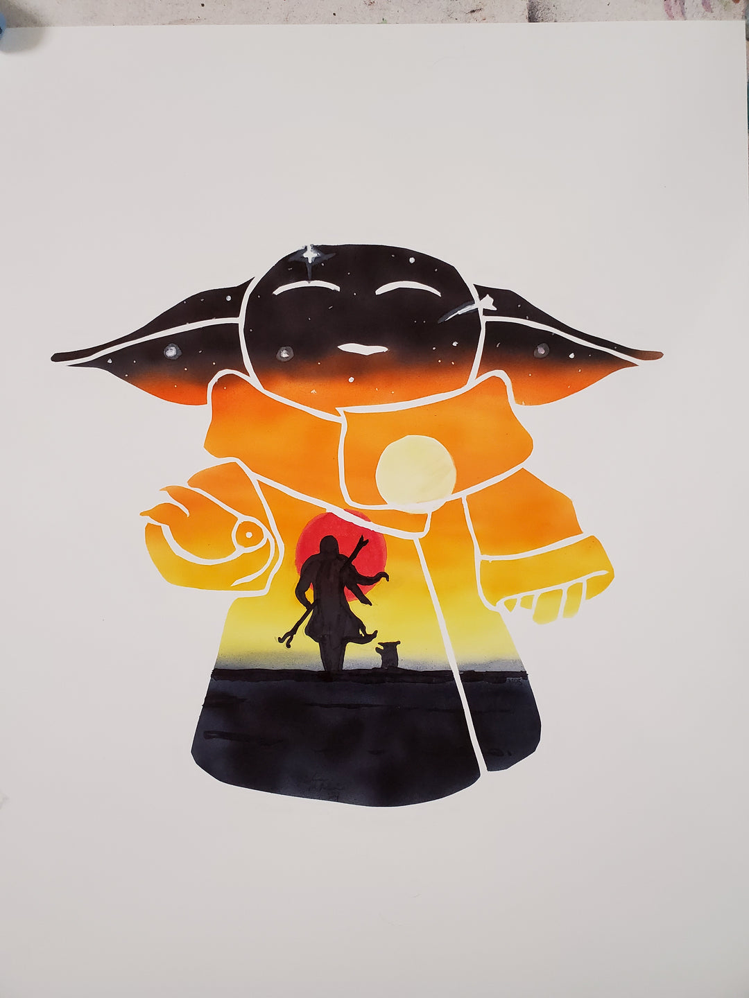 Baby Yoda/Mando Silhouette Fan Drawing - Mando and Baby Yoda on Tatooine Original